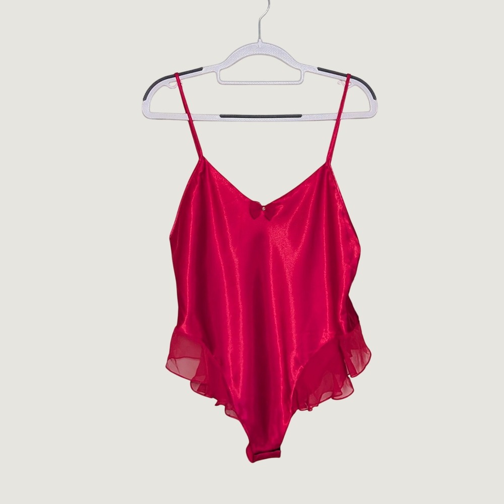 NWT Vintage Linda Bis Vintage Red Satin Bodysuit Ruffle Trim Rhinestone Large